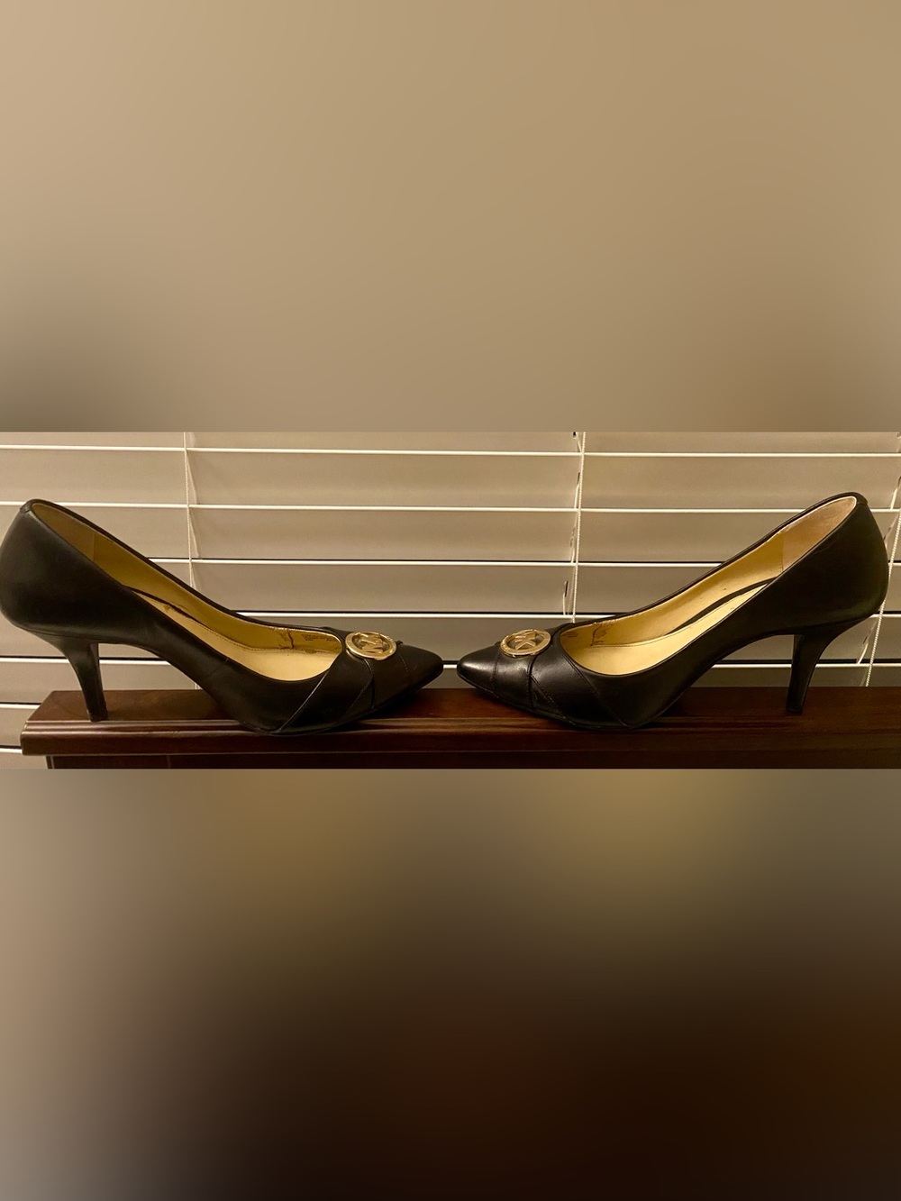 MICHAEL Michael Kors Black Pointed Toe Heels with Gold MK Emblem - Picture 2 of 4